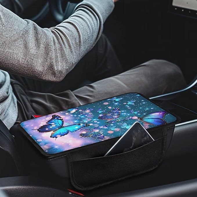 Blue Sparkling Butterfly Print Center Console Covers for Cars Soft Auto Armrest Storage Box Mat Non-Slip Car Armrest Cover Cushion Armrest Cover Center Console Pad