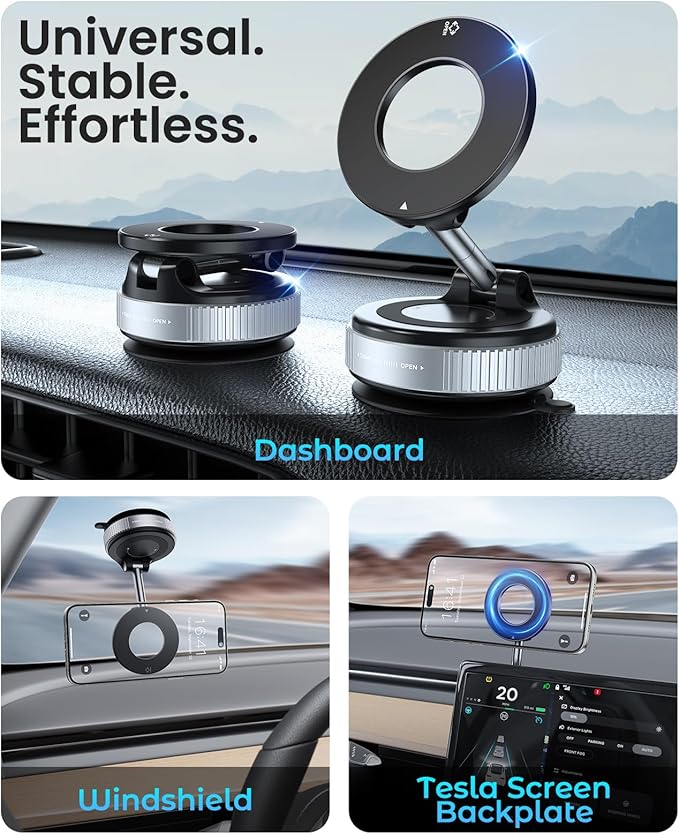 Jononser Magnetic Suction Cup Phone Mount for Magsafe, 360° Adjustable Magnetic Car Phone Holder, Pocket Size Foldable Car Mount, Phone Holders for Your Car for iPhone 17 16 15 14 13 12 Series,Silver