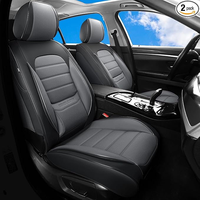 Car Seat Covers Front Seats, 2Pcs Universal Faux Leather Front Seat Covers for Cars, Waterproof Automotive Seat Covers Breathable Seat Cover for Most Sedans, Trucks, SUV (Black Gray)