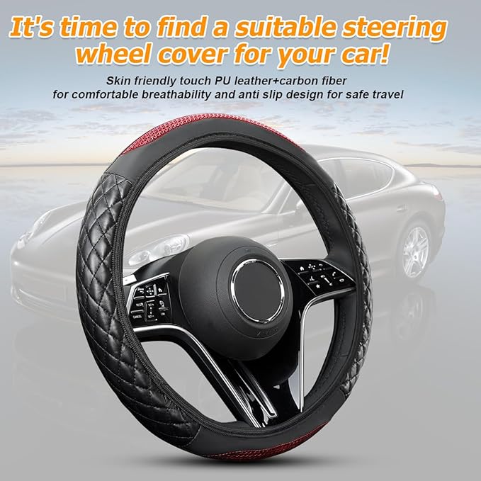 Car Steering Wheel Cover, 14.96" Leather Anti-Slip Vehicle Steering Wheel Protector with Fish Scale Graphic Grip, Automobile Interior Protection, Universal for Sedan Truck SUV (Red)