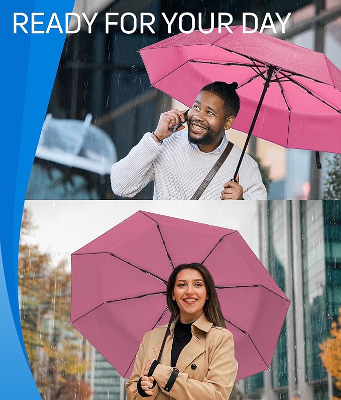 Rain-Mate Windproof Compact Umbrellas for Rain - Strong Reinforced Fiberglass Rib Design & Auto Open & Close - Portable Folding Travel Umbrella - Lightweight & Packable for Women & Men, Easy Collapse