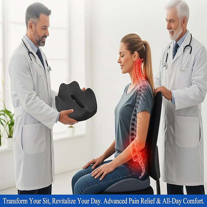 Ergonomic Seat Cushion for Office Chair &Car-Advanced Memory Foam Coccyx Pillow for Tailbone,Sciatica &Lower Back Pain Relief-Non-Slip Desk Chair Pad for Long Sitting,Posture Support-Black