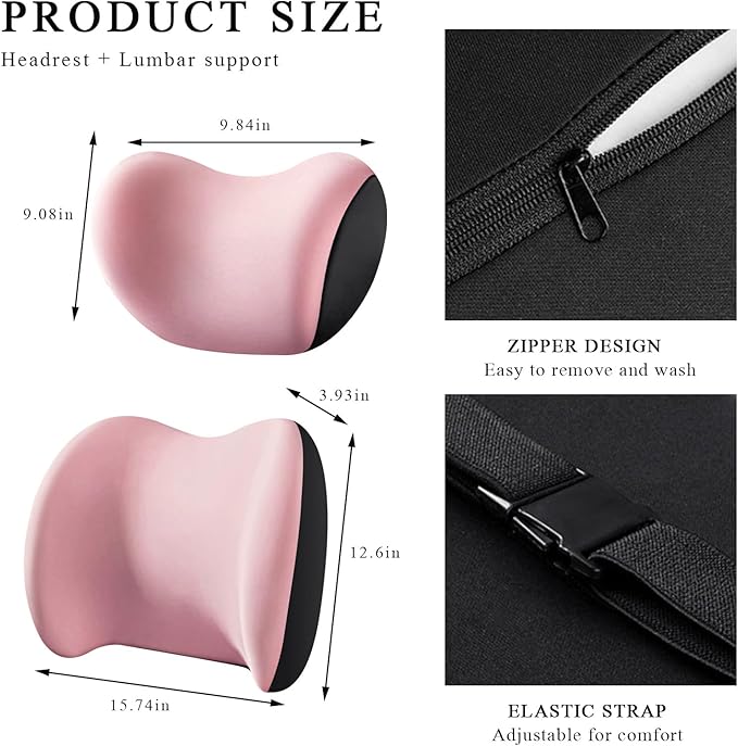 Car Headrest & Lumbar Support Cushion, Ergonomic Memory Foam Car Neck Back Support w/Removable Cover, Universal Breathable Lumbar Cushion Headrest Pillow with Adjusatble Strap (Pink)
