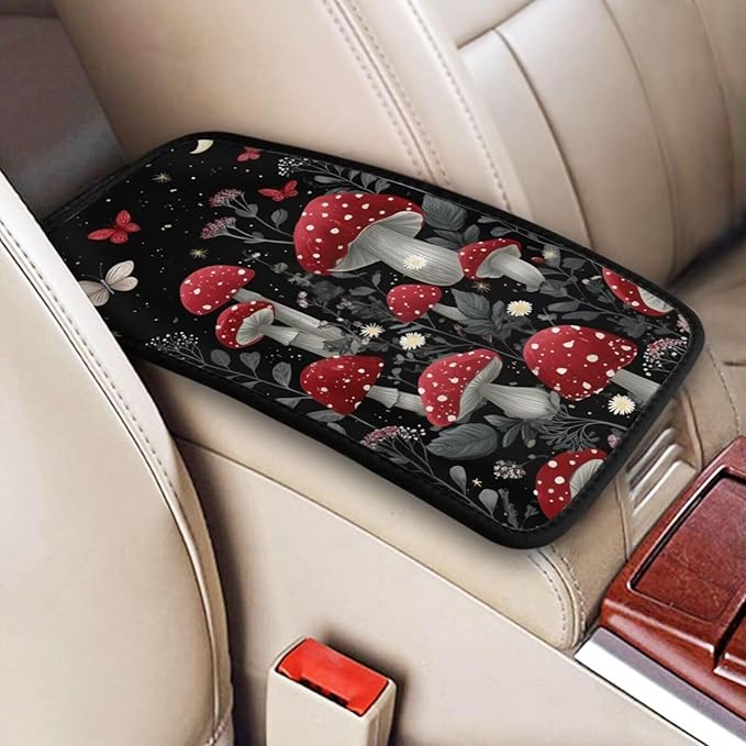 Car Center Console Armrest Cover Cute Mushroom Arm Rest Box Lid Cushion Pad Fantasy Butterfly Middle Console Arm Rest Covers Accessories