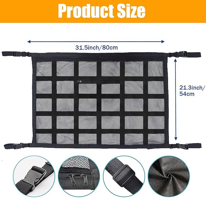 Car Ceiling Cargo Net Strong Load-Bearing Mesh Car Roof Storage Organizer Large Capacity Space Saving Car Ceiling Net Storage Bag Car Interior Accessories for SUV Truck Van