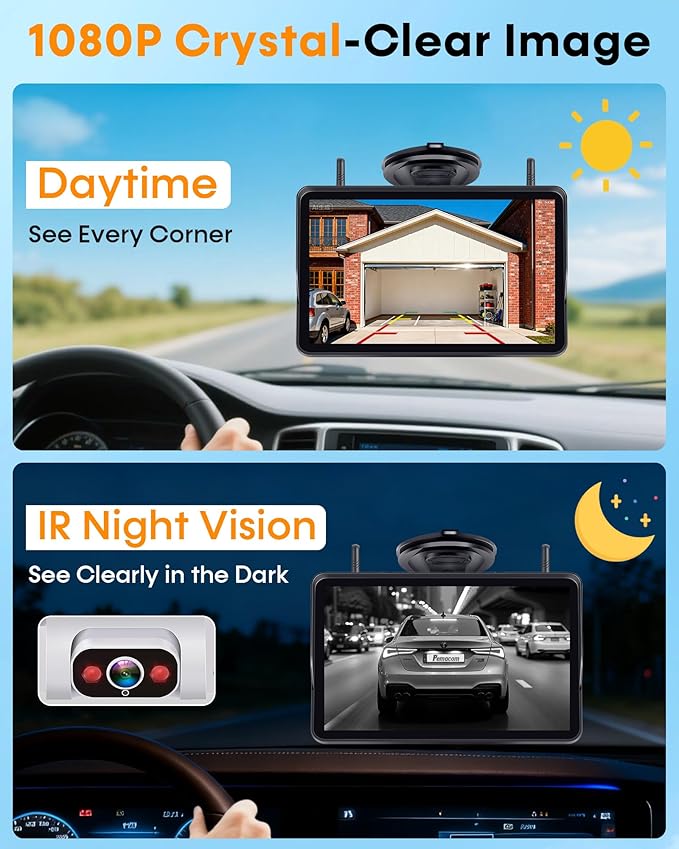 Pemacom Wireless Backup Camera for Towable-RV: Magnetic No Wiring Setup Long Distance Signal for Thor/Forest River Series RVs - 7.3" Recording Monitor HD 1080P Auto Sleep Solar RV Backup Camera