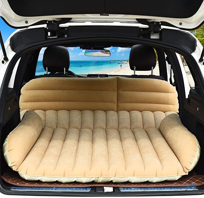 Goplus Car Bed, Air Mattress Back Seat with Pillow, Flocking Surface, Electric Air Pump, Repair Kit, Inflatable SUV Truck Bed Mattress for Traveling, Camping, Sleeping, Yellow