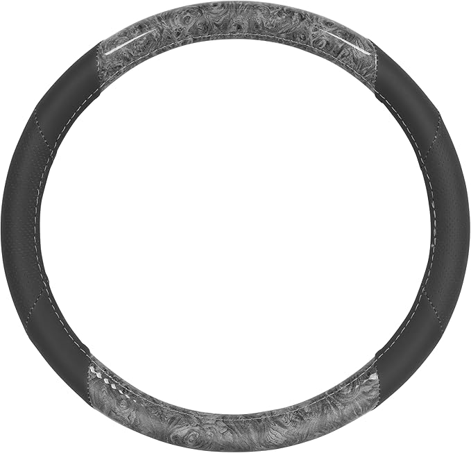 BDK BurlwoodLux Wood Grain and PU Leather Gray Steering Wheel Cover - Sport Grip for Car Auto SUV Trucks