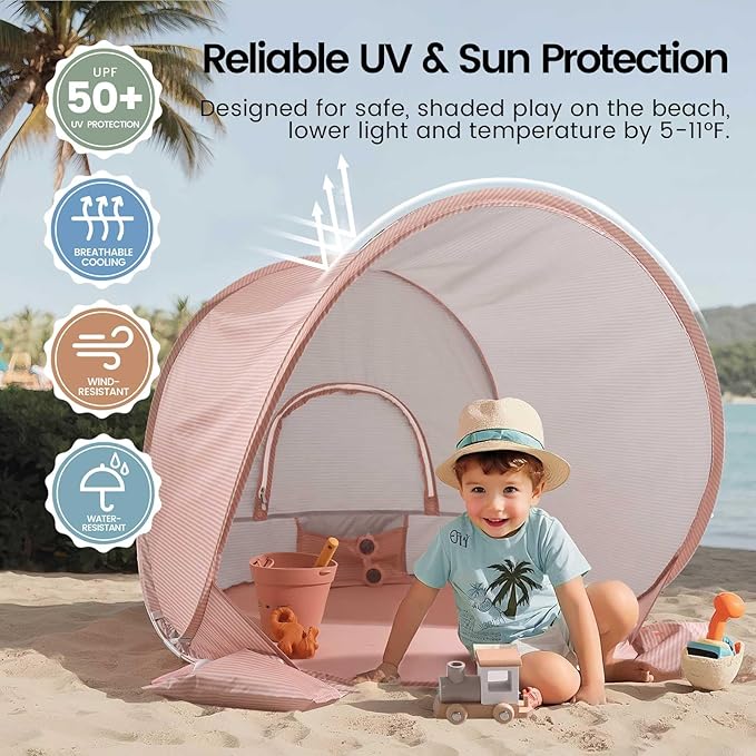 Tiny Land Baby Beach Tent – Pop Up Baby Tent with UV Protection, Portable Baby Beach Essentials, 35"x28"x32" Sun Shelter for Infants, Baby Outdoor Use (Pink)