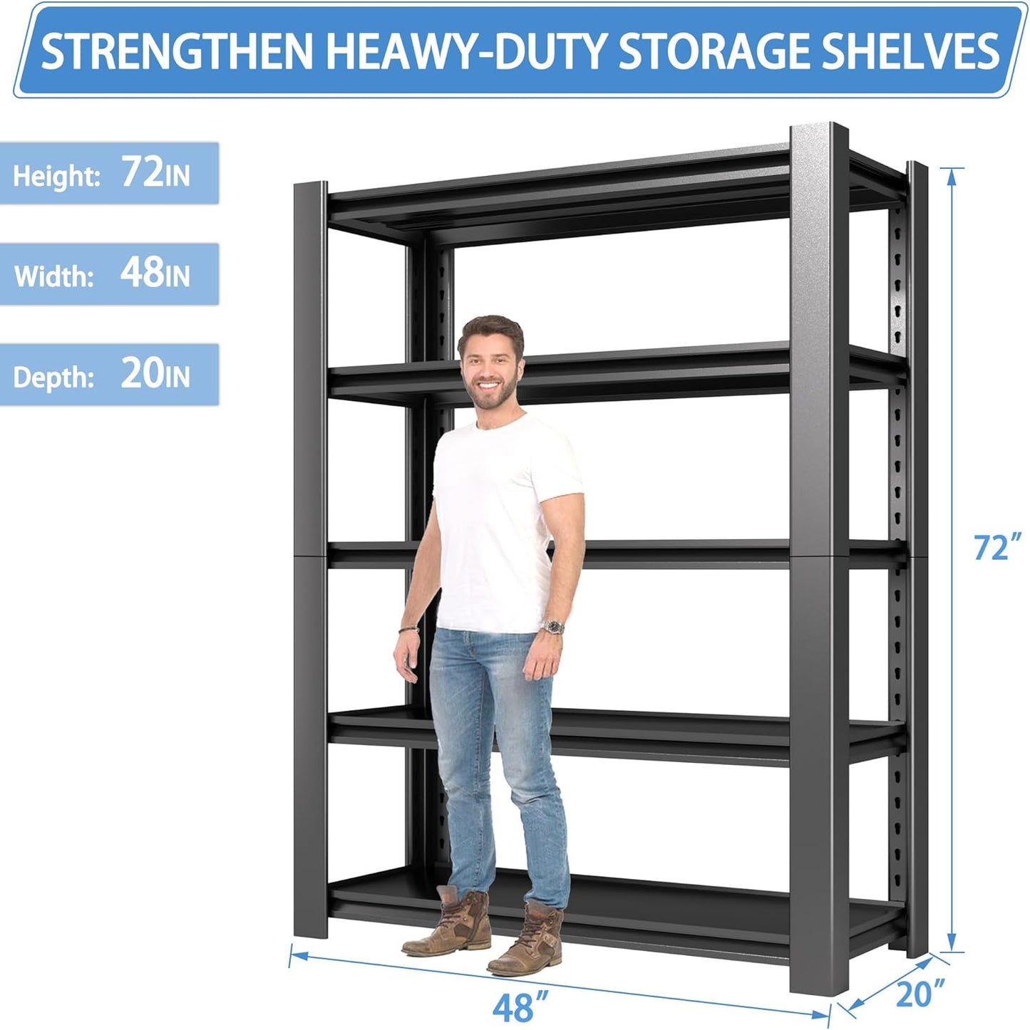 5-Tier Heavy Duty Garage Shelving Unit, 3000 LBS Capacity Metal Storage Rack 72" H x 48" W x 20" D, Adjustable Steel Shelves for Garage, Warehouse, Basement, Pantry, Workshop.4 Pack