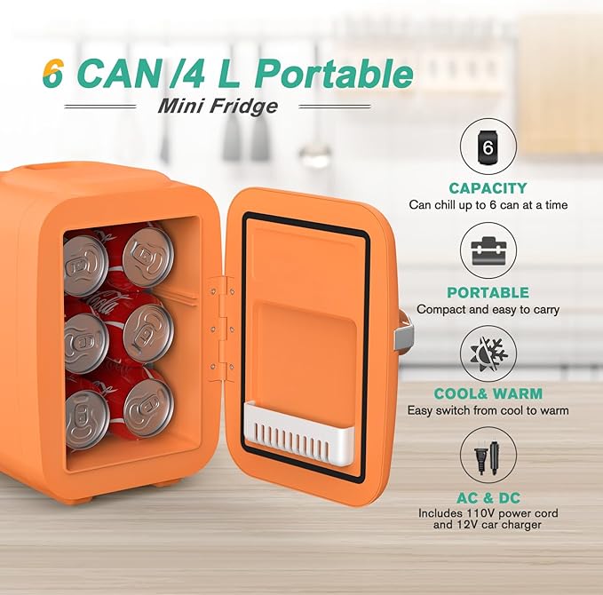 CROWNFUL Mini Fridge, 4 Liter/6 Can Portable Cooler and Warmer Personal Refrigerator for Skin Care, Cosmetics, Beverage, Food,Great for Bedroom, Office, Car, Dorm(Orange)