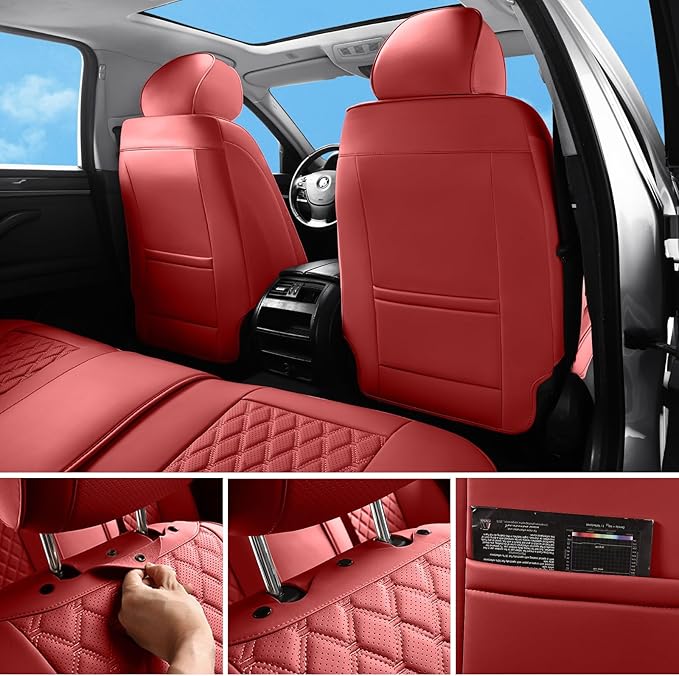 Car Seat Covers Full Set Red, Luxury Faux Leather Waterproof Non-Slip Women Seat Protector Universal Fit for Most Cars SUVs Trucks Pick-ups,Car Interior Accessories (Red-Full Set)