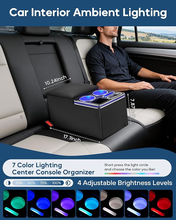 Upgraded Center Console, Wireless Charging Phone Holder & Cup Holders Armrest Organizer for Car Minivan Truck Van, Universal Rear Bench Seat Storage Box with 7 Modes LED Light