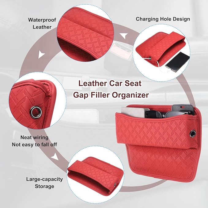 HARFINGTON 2pcs Car Seat Gap Filler Organizer 11.5 x 8 x 2.1 Inch Leather Universal Car Organizer Storage Box Between Seat and Console for Phone Sunglasses Keys, Red