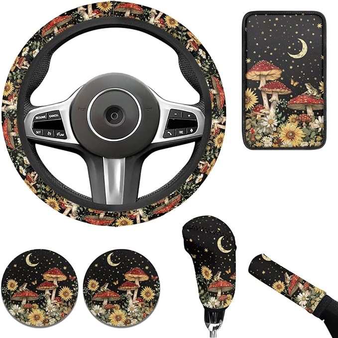Sky Mushroom Picture 6pcs Car Steering Wheel Cover Set for Men Women Auto Interior Accessories Cup Coaster Cars Handbrake Cover Universal Fit Truck Van SUV