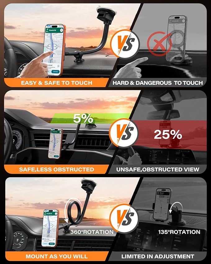 1Zero Magnetic Phone Car Mount 14-Inch Gooseneck Long Arm Extension, Universal Windshield Dashboard Industrial-Strength Suction Cup Car Phone Holder with Strong Magnets (2026 Upgraded for Magsafe)