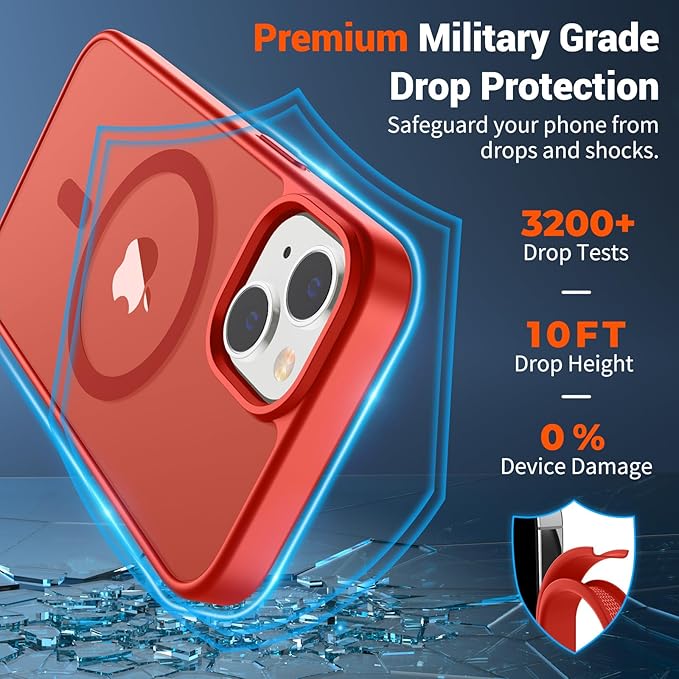 SUPFINE Magnetic for iPhone 15 Case (Compatible with MagSafe) (Military Grade Drop Protection) Slim Translucent Matte Shockproof with Anti-Fingerprint Phone Case, Red