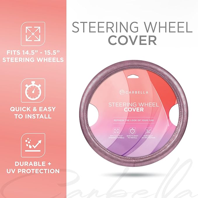 Purple Steering Wheel Cover, Standard 15 Inch Size Fits Most Vehicles, Cute Shiny Bling Car Steering Wheel Cover with Herringbone Detail, Car Accessories for Women
