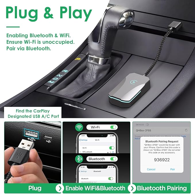 Wireless CarPlay Adapter for iPhone, 2025 Upgrade - Convert Wired to Wireless CarPlay, Plug & Play, No Latency, More Stable, Compatible with Cars Equipped with Wired CarPlay & iPhone iOS 10+ (Gray)