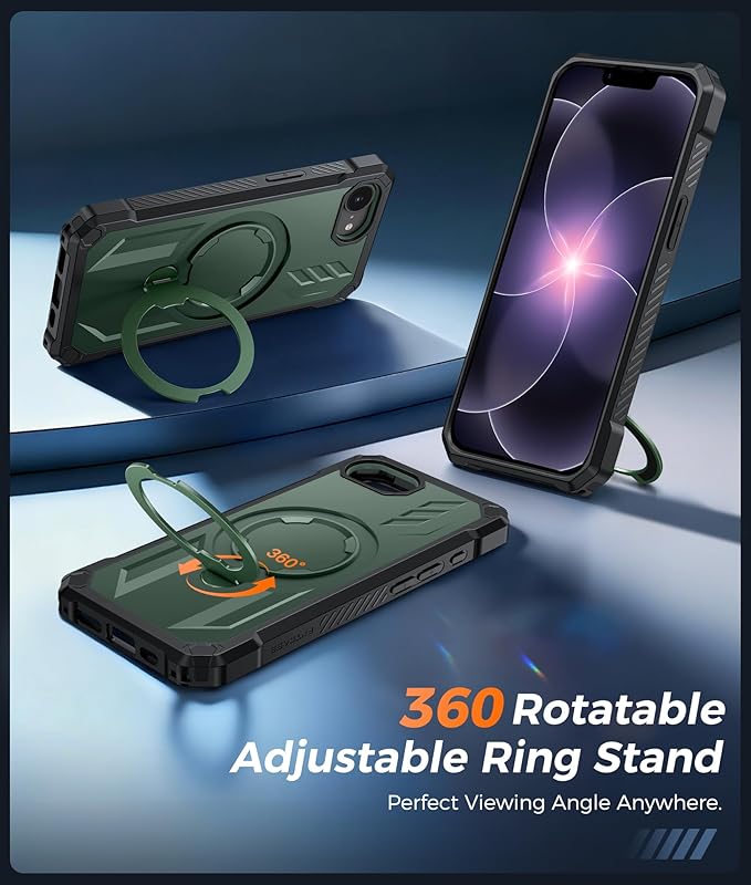 FNTCASE for iPhone 17e Phone Case: for iPhone 16e Case with [360 Spin Magnetic Ring Kickstand] [Compatible for MagSafe] [Screen Protector] Heavy Duty Military Grade Protection Case with Stand Green