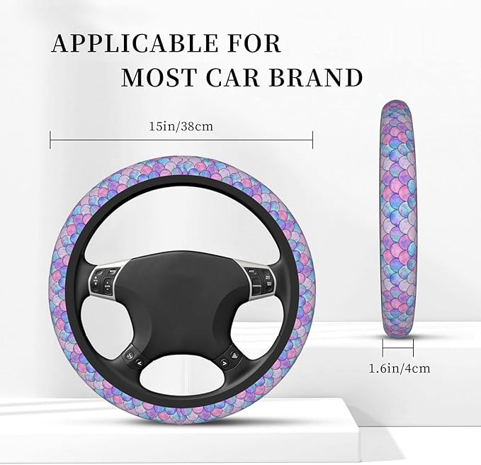 Mermaid Rainbow Steering Wheel Cover Women Men Elastic Stretch Soft Car Wheel Protector Universal Breathable No-Slip Car Accessories for Truck Van SUV Auto Fit 14-15 Inches