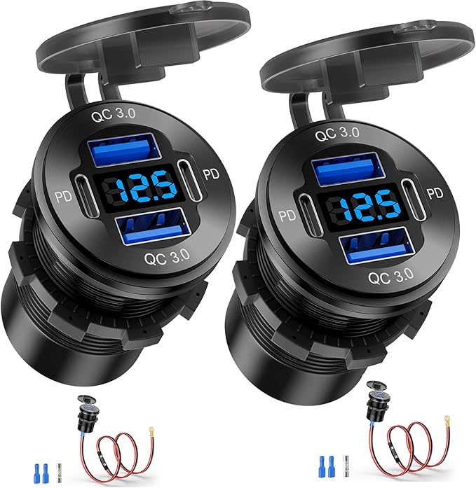 12V USB Outlet, 4 Port Aluminum Charger Socket 2 C PD & 2 QC3.0 with Voltmeter, 12V/24V Car USB Charger Socket for Car Boat Marine Bus Truck Golf RV Motorcycle and More 2-Pack