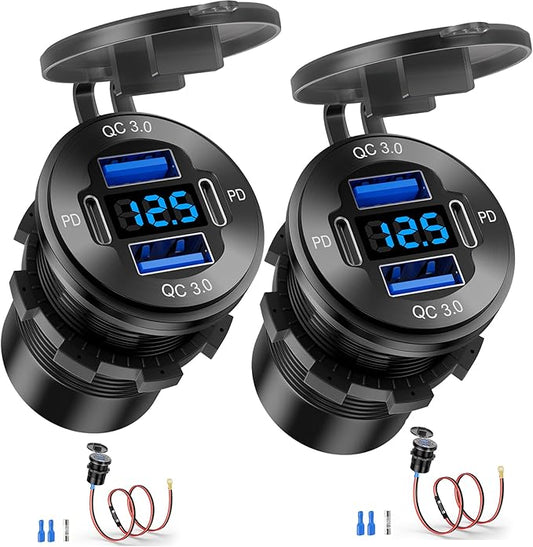 12V USB Outlet, 4 Port Aluminum Charger Socket 2 C PD & 2 QC3.0 with Voltmeter, 12V/24V Car USB Charger Socket for Car Boat Marine Bus Truck Golf RV Motorcycle and More 2-Pack