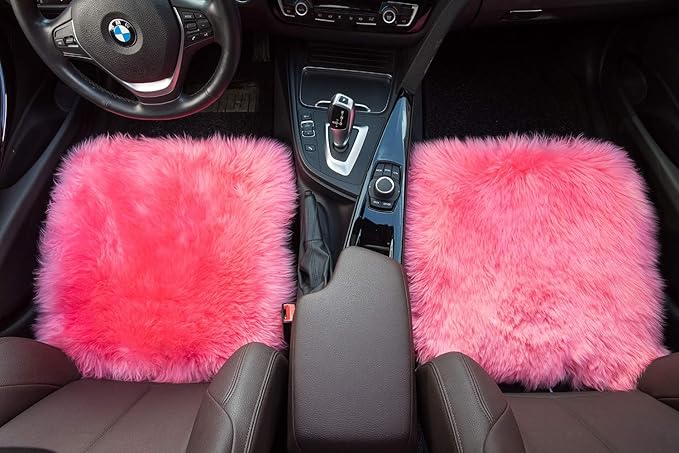 Winter Warmth: Universal Sheepskin Seat Cushion Cover - Natural Wool, for Cars, Trucks, SUVs & Vans - Cozy & Stylish Driving Companion Front Pink