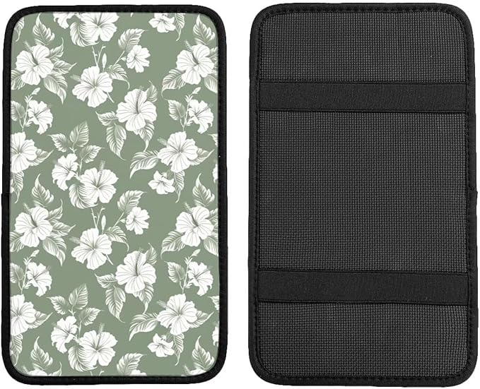 Hibiscus Flower Print Center Console Cover Tropical Floral Comfortable Armrest Pad Protector Car Accessories, Green Scratch Resistant Middle Arm Rest Console Covers