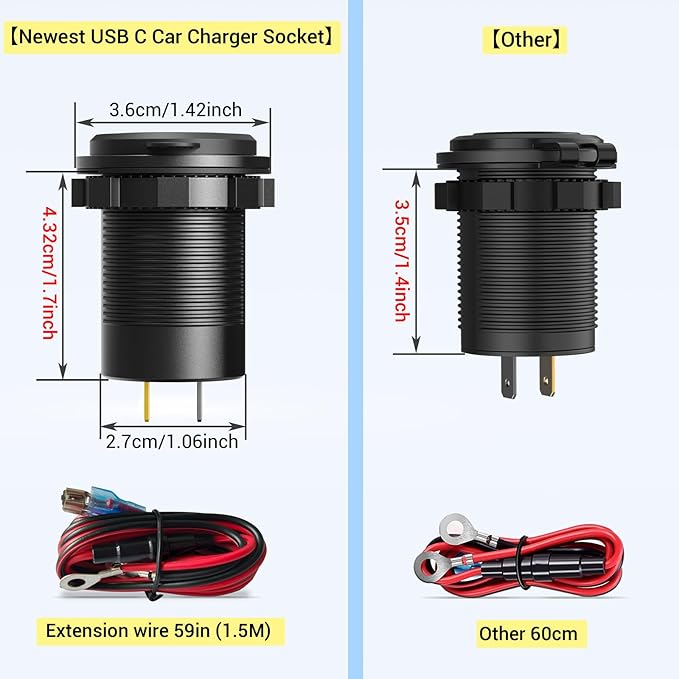 USB C Car Charger Socket 12V USB Outlet 2 Pack,78W RV USB Outlet Dual 30W PD USB-C and 18W QC3.0 Car USB Port with Button Switch Waterproof for Car RV Boat Marine Truck Motorcycle ect