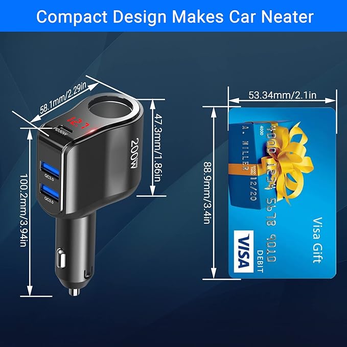 200W PD USB C Car Charger Adapter: 12V Cigarette Lighter Socket Splitter 12 Volt DC Plug Multi Way Auto Power Outlet with LED Voltmeter Switch Dual Type C Port for iPhone Samsung Phone GPS Dash Cam