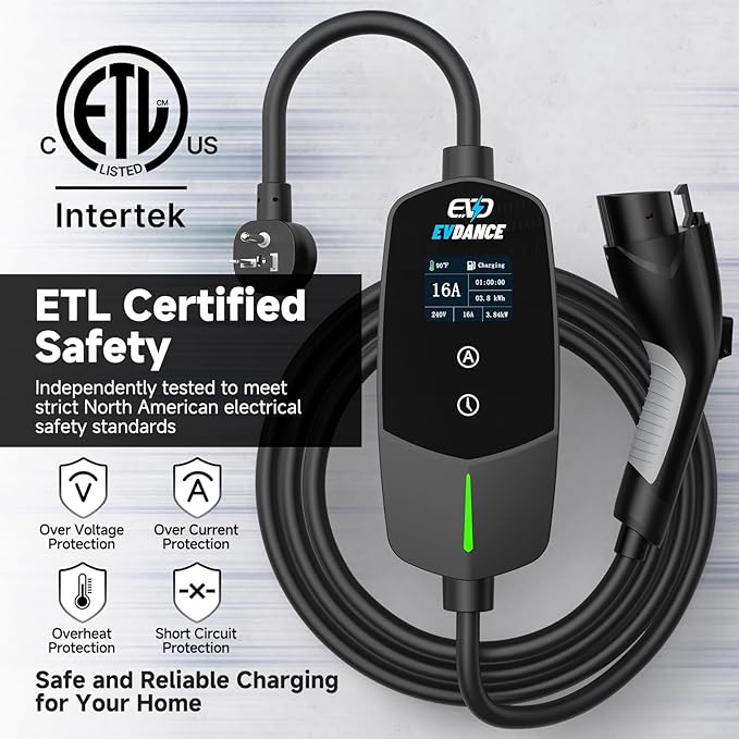 EVDANCE Level 1 & 2 EV Charger, 16A 110-240V Portable Electric Car Charger with 25ft Cable, Adjustable Current, Delayed Start, LED Screen, Universal EV Charger Compatible with All J1772 EVs