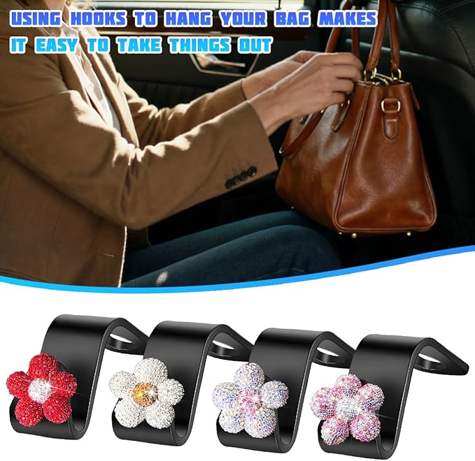Bling Car Seat Headrest Hook, 4PCS Daisy Crystal Rhinestone Vehicle Backseat Hanger Storage Hook for Purses Bags, Auto Interior Headrest Storage Organizer Decorations, Universal Fit (Red)