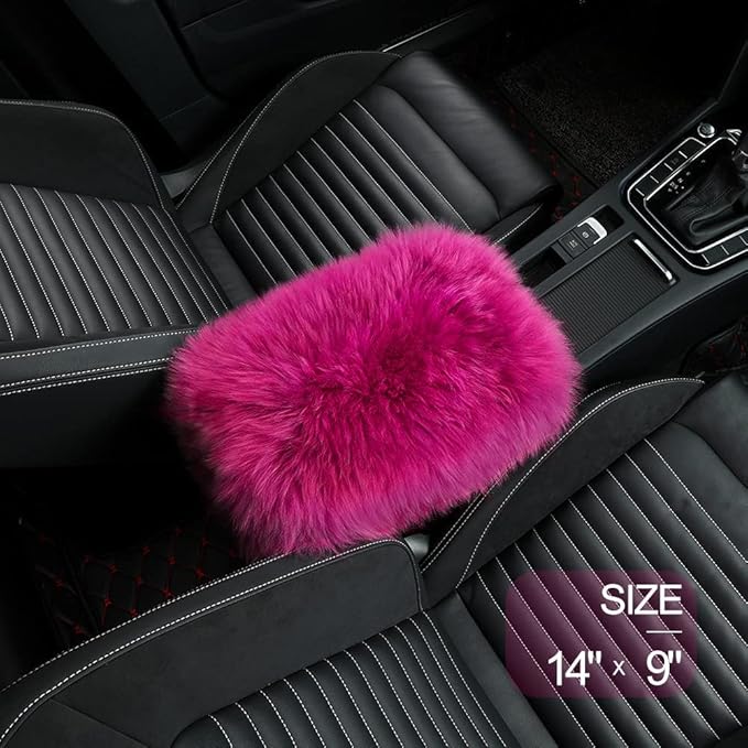 LLB Auto Center Console Cover Pad Universal Fit for SUV/Truck/Car, Genuine Sheepskin Wool Fur Car Armrest Seat Box Cover, Furry Fluffy Auto Armrest Cover Protector (Pinky Purple)