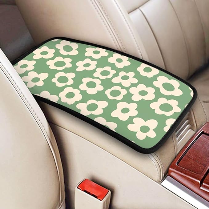 Vintage Groovy Flowers Auto Center Console Cover Pad Car Armrest Seat Box Cover Cushion Universal for Most Vehicle SUV Truck Car Accessories Decor