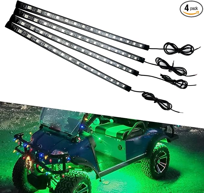 4 PCS Car LED Strip Lights, 5050-15SMD High Brightness Flexible Lamp Strips, IP67 Waterproof 12V DC Bulb with Back-adhesive, Universal Ambient Lighting for Cars Motorcycles Boats (Green)