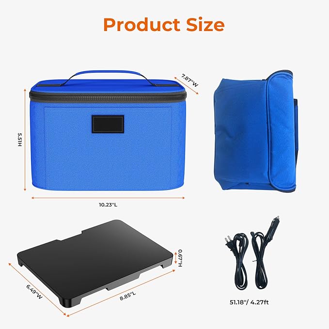 Portable Electric Lunch Box Food Heater,12V/24V/110V Food Warmer Lunch Box, Mini Portable Oven Car Food Warmer, Heated Lunch Bag for Adults Office Travel Work Truck Meal Reheating, Blue