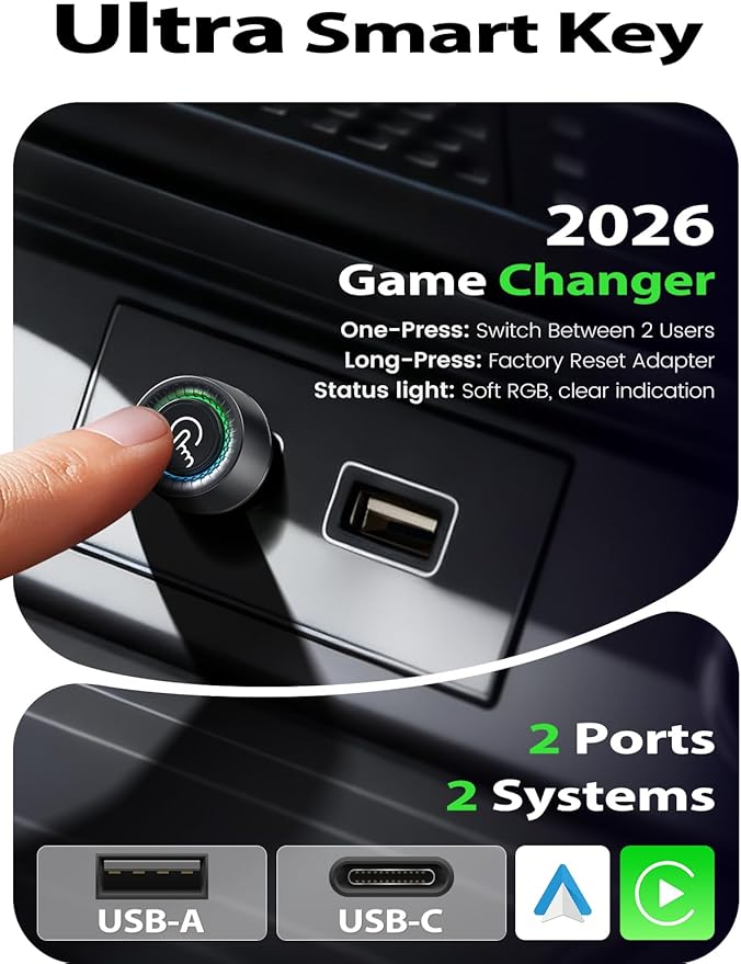 Wireless CarPlay Adapter for iPhone, 1-Click Switch for 2 Phones, Plug & Play, No Delay, Converts Wired to Wireless Car Play Dongle, Fast Stable for Cars 2016+ with Apple CarPlay & Android Auto Grey