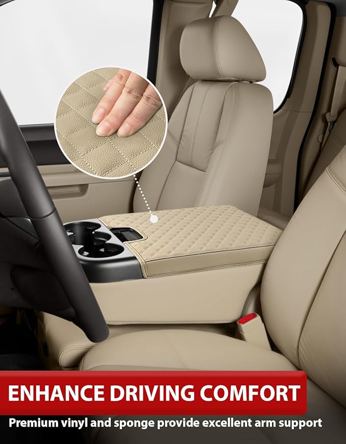 KBH Center Console Armrest Cover for 2007-2013 Chevy Silverado & Tahoe & Suburban, GMC Sierra & Yukon, Middle Console Lid Cushion, PU Leather, Anti-Scratch, Beige (Fits Jump Seat Console)