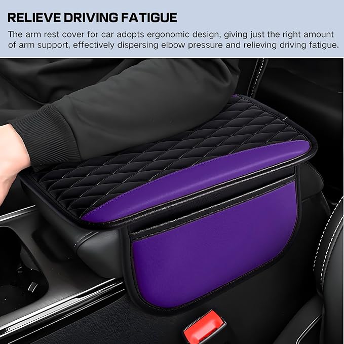 Leather Car Center Console Cover,Upgraded Center Console Cushion Pad with Side Pockets,Patchwork Arm Rest Cover for Car,Waterproof Armrest Seat Box Covers,Universal for Most Vehicles (Purple)