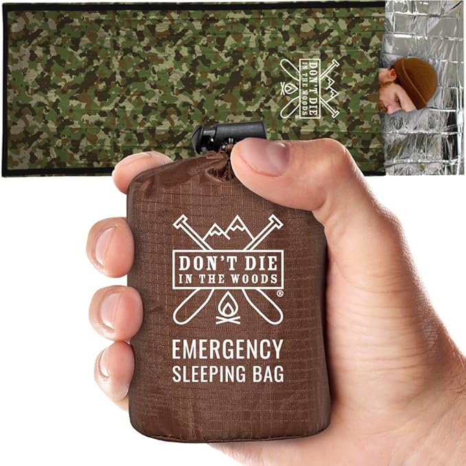 Don’t Die in The Woods - Emergency Sleeping Bag with Hood - Made with Extra Thick Thermal Mylar - 10 Essentials Hiking Camping Blanket, Survival Gear Tactical Car Disaster Bug Out First Aid Kits