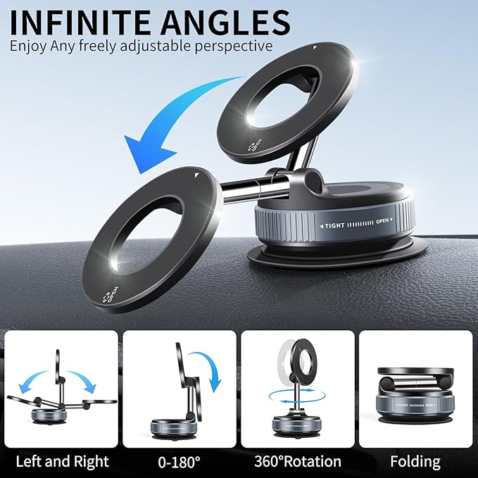 ILKCC Vacuum Suction Magnetic Phone Holder, 2025 Upgraded Vacuum Suction Cup Mount for Magsafe, 360° Adjustable Foldable Portable Magnetic Car Phone Stand for Cars/Gyms/Mirrors/Smooth Surface (Black)