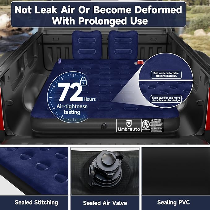 Truck Bed Air Mattress for Ford F150/Chevy Silverado/Dogde Ram/GMC Sierra/Toyota Tundra/Nissan Titan Outdoor Travel Camping, Universal Flocked Airbed Fits 5.5-6.8ft Full Size Pickup w/ Pump&Carry Bag