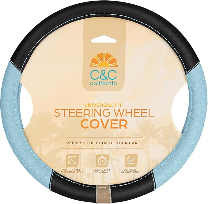BDK C&C California Car Steering Wheel Cover Blue Diamond Quilt, Non Slip Leather Steering Wheel Cover for Women Men, Cute Comfortable Soft Easy Installation Universal Fit (Fits 14.5"-15.5" Inches)