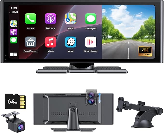 CarPlay Screen for Car with 4K Dash Cam&1080p Backup Camera,10.26" HD IPS Touch Car Play Screen Compatible with Apple Carplay & Android Auto, SuperLink, Loop Recording, Bluetooth Audio, GPS, Siri
