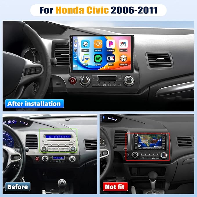 [8Core 6+128GB] Android 15 Car Stereo for Honda Civic 2006-2011 with Wireless CarPlay&Android Auto,10.1 Inch 1280 * 720P IPS Touch Screen,Bluetooth,GPS,WiFi,FM/RDS,32 Band DSP,SWC,HD Backup Camera
