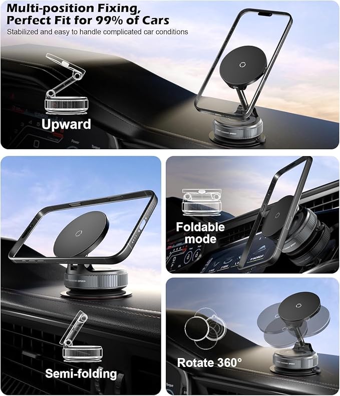 CloudValley 15W Fast Wireless Charger Car Phone Mount Charger with Type-C Fast Car Charger, Vacuum Suction Cup Magnetic Phone Holder Design for MagSafe iPhone 17 Pro Max 16-12 Series,Pixel 10 Pro XL