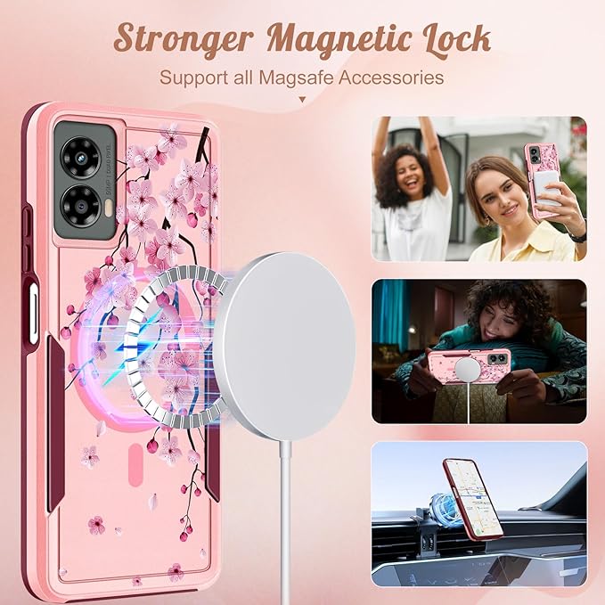for Moto G 5G 2024 Case - Compatible with MagSafe Women Girls Cute Magnetic Protective Phone Cover Girly Kawaii Flower Blossom Heavy Duty Shockproof Design for Motorola Moto G 5G 2024 Cases