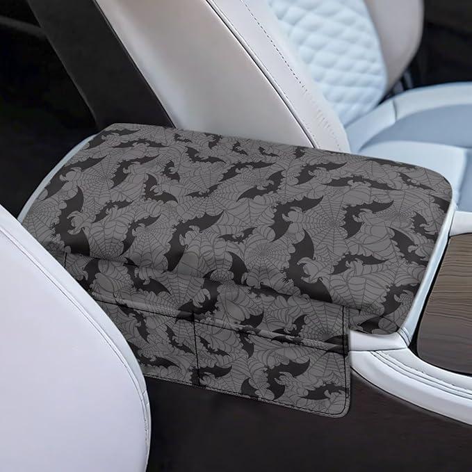 Tupalatus Spider Web Car Armrest Cover Bats Car Interior Protection Accessories Center Console Cushion Pad with Pockets Easy to Install Compatible with Most Cars,SUV,Truck,Van