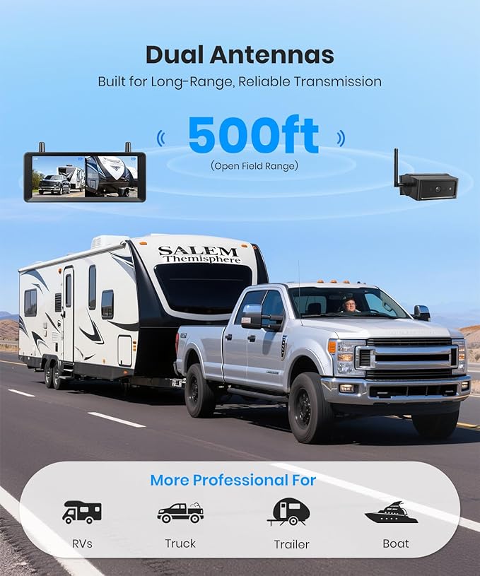 AUTO-VOX 7.2" Wireless Magnetic Backup Camera with Monitor, 1-Min Install, 1080P Dual Camera, 500ft Stable Signal, Built-In DVR Recording, IR Night Vision Backup Camera for RV, Truck, Trailer & Camper